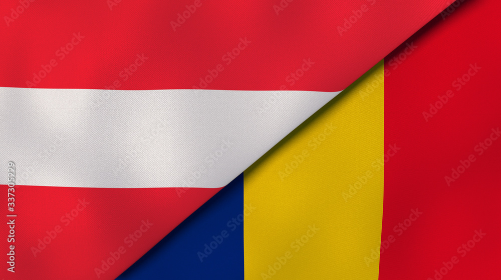 The flags of Austria and Romania. News, reportage, business background. 3d illustration