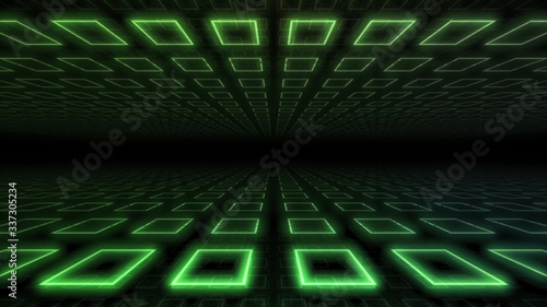 Disco club space illumination neon light room floor wall 3D illustration abstract background
