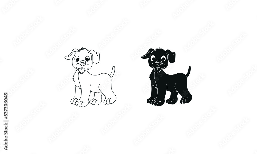 Vector illustration of silhouettes of two dogs standing in white and black on white background