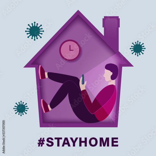 Stay home concept. Man at home with mobile phone. Prevention coronavirus. Vector illustration on the blue background