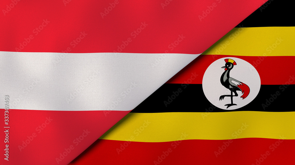 The flags of Austria and Uganda. News, reportage, business background. 3d illustration