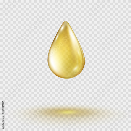 Oil gold drop isolated on transparent background. Cosmetic spa serum bubble of vitamin E. Vector realistic golden gel droplet template