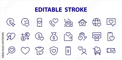  The set of icons about love contains such icons as love of music, declaration of love, heart, favorite home, Linear set. Vector on a white background. Editable stroke. 480x480