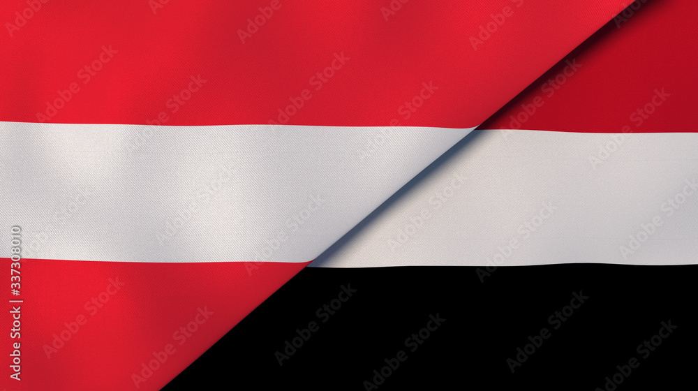 The flags of Austria and Yemen. News, reportage, business background. 3d illustration