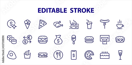   A simple set of fast food icons related to the vector line. Contains icons such as pizza, burger, sushi, bike, scrambled eggs and more. EDITABLE stroke. 480x480 pixels perfect, EPS 10