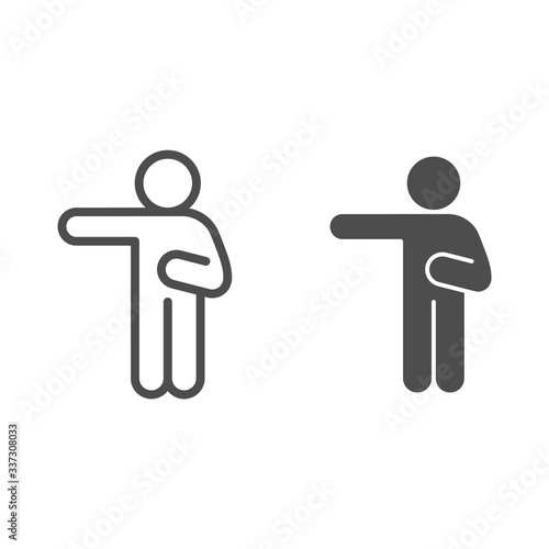 Man pointing with left arm line and solid icon. Man raise a hand pointing to the left outline style pictogram on white background. Human poses for mobile concept and web design. Vector graphics.