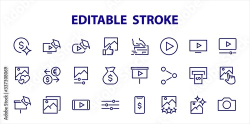 Set of Images Gallery vector line icons. Contains icons such as video, play video, edit images, Business Training, like photo. Editable stroke. Vector illustration