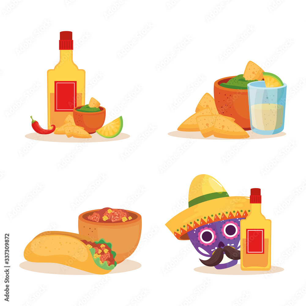 Mexican skull tequila bottle and food design, Mexico culture tourism landmark latin and party theme Vector illustration Mexican skull tequila bottle and food design, Mexico culture tourism landmark latin and party theme Vector illustration