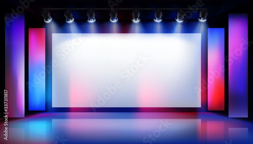 Show in art gallery. Large projection screen on the stage. Free space for advertising. Colorful background. Vector illustration.