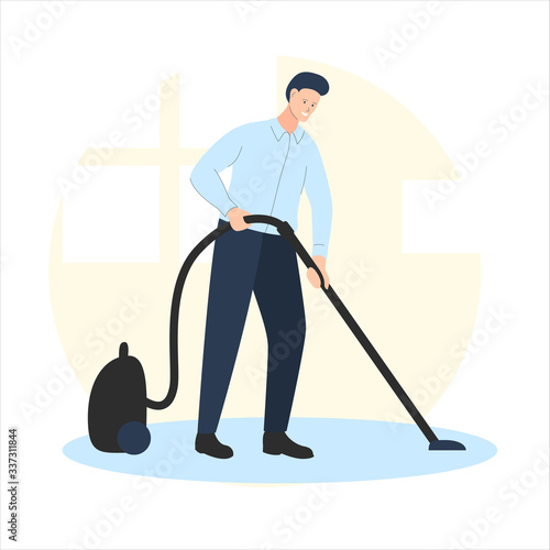 Vector illustration of a smiling man cleaning the room with vacuum cleaner. It represents a concept of cleanliness, quarantine and staying at home