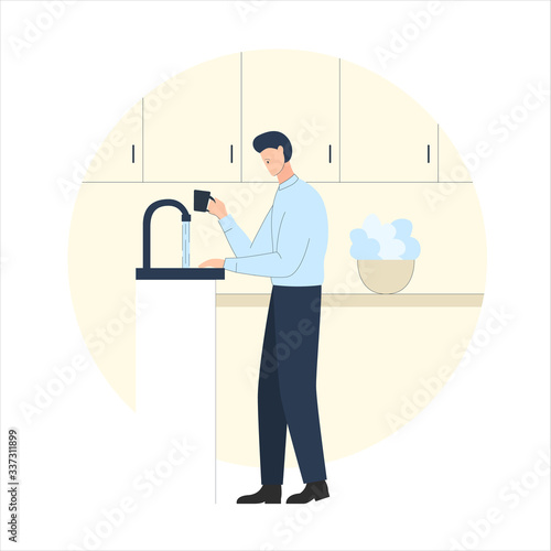 Vector illustration of a man with a cup draws water near the tap in the kitchen. It represents a concept of drinking more water, healthy lifestyle, quarantine and staying at home