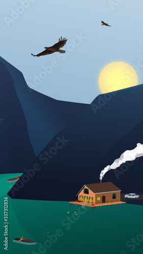 Landscape rest on a mountain lake with a house and high mountains. The sun sets over the mountains. Eagles fly in the sky. A fisherman in a boat is fishing. People are swimming. Vertical vector