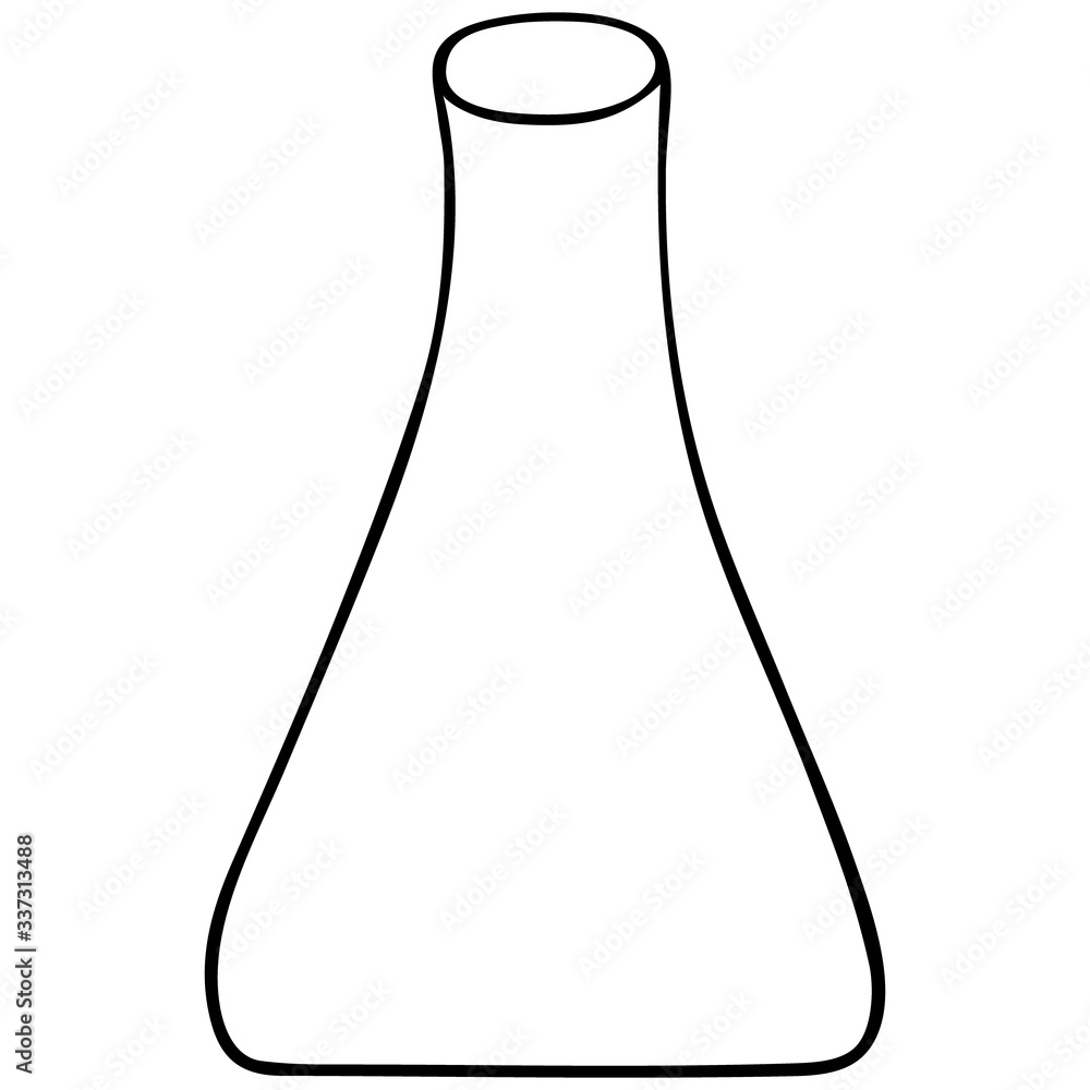 An empty flask for the reagent. Glass container for chemical research in the laboratory. Vector illustration. Application in biology and medicine. Outline on an isolated background. Sketch. An empty flask for the reagent. Glass container for chemical research in the laboratory. Vector illustration. Application in biology and medicine. Outline on an isolated background. Sketch.