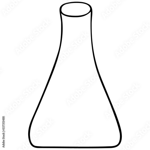 An empty flask for the reagent. Glass container for chemical research in the laboratory. Vector illustration. Application in biology and medicine. Outline on an isolated background. Sketch.
