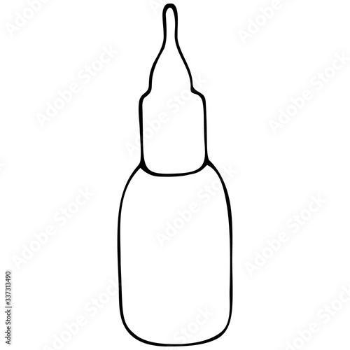 A bottle of nasal spray. Nasal drops. Medication for relieving congestion. Vector illustration. Space for text. Outline on an isolated background. Doodle style. Medical subject. Sketch.
