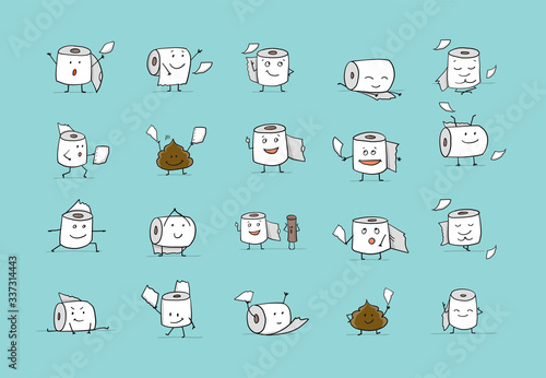 Toilet Papers rolls. Funny Characters isolated for your design. Icons set