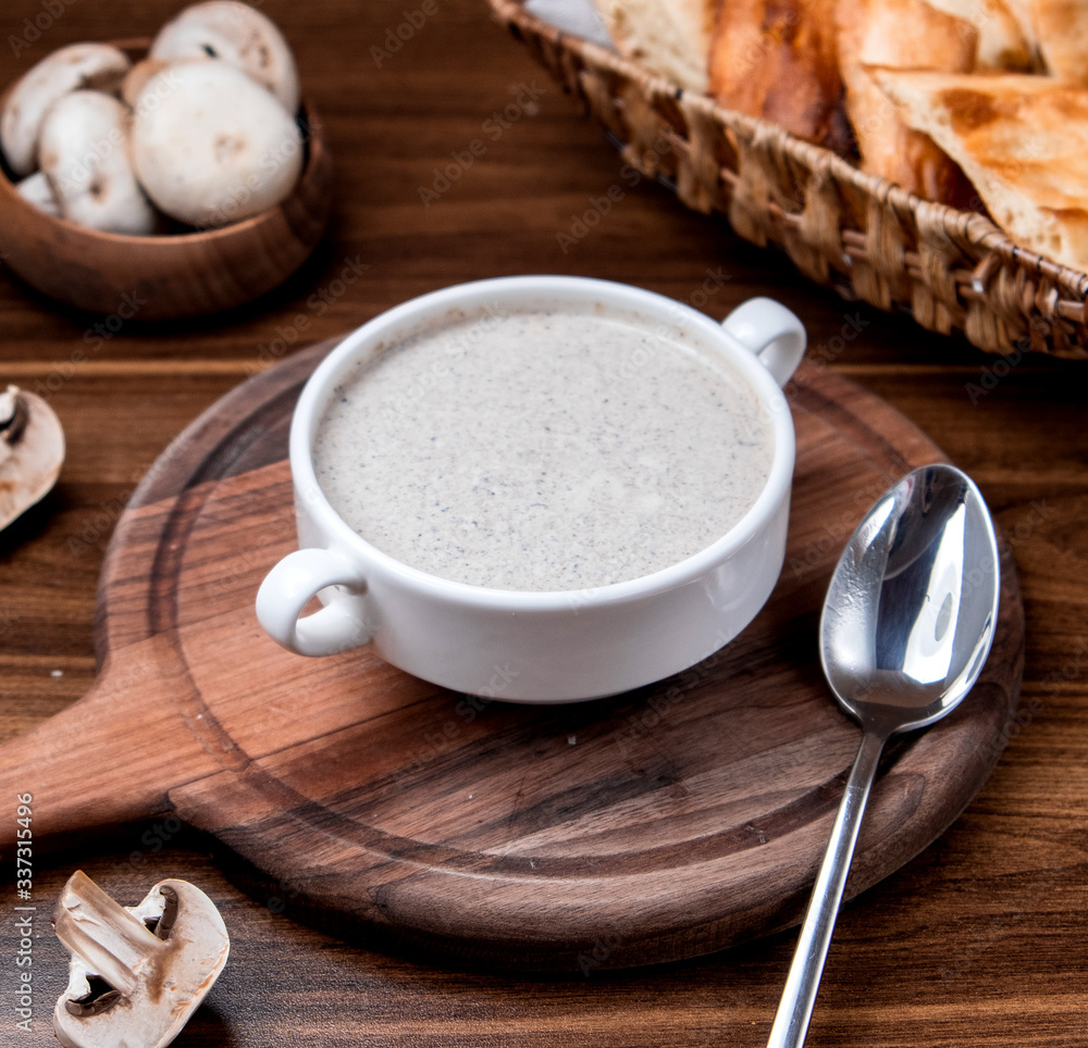 mushroom soup on wooden board mushroom soup on wooden board