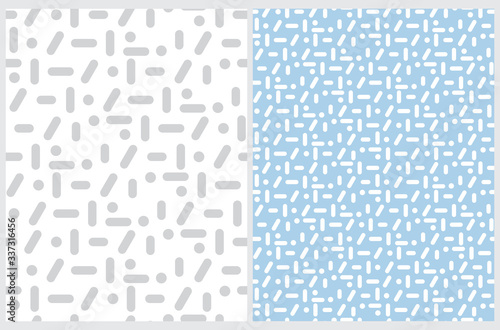 Geometric Seamless Vector Pattern with White Dots and Lines Isolated on a Light Blue Background. Gray Elements on a White. Simple Pastel Color Memphis Style Repeatable Print.