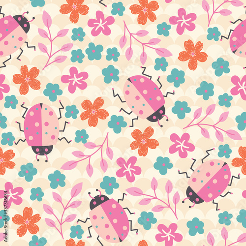 Spring Summer Bugs and Flowers Vector Seamless Pattern
