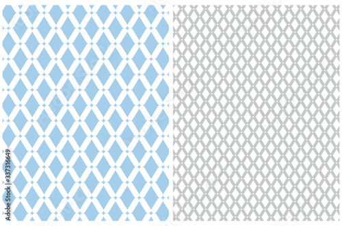 Geometric Seamless Vector Pattern with White Dots and Lines Isolated on a Light Blue Background. Gray Ornament on a White. Simple Pastel Color Repeatable Print.