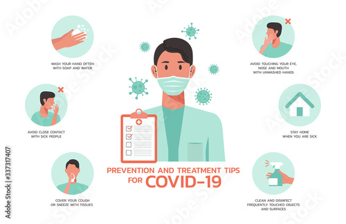 prevention and treatment tips for COVID-19 infographic, healthcare and medical about flu, fever and virus prevention, new normal, vector flat symbol icon, illustration in horizontal design