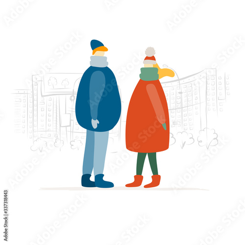Couple, city street walkers, man and woman. Girl and guy in casual clothes wa...