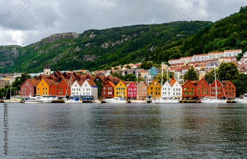 Colorful Houses with boats and yachts in port marina harbor city of Bergen, Norway