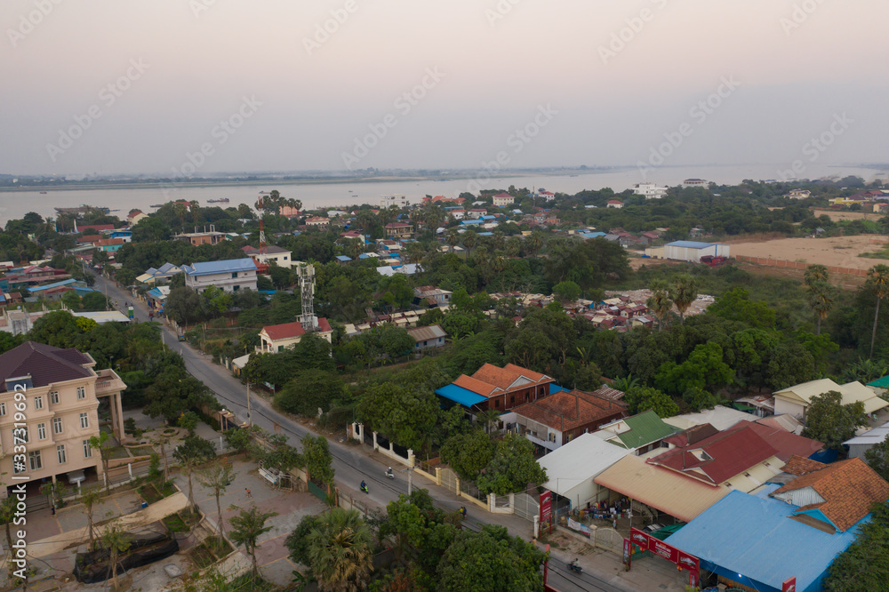 Phnompenh capital of Cambodia on the sunset with beautiful landscape by drone