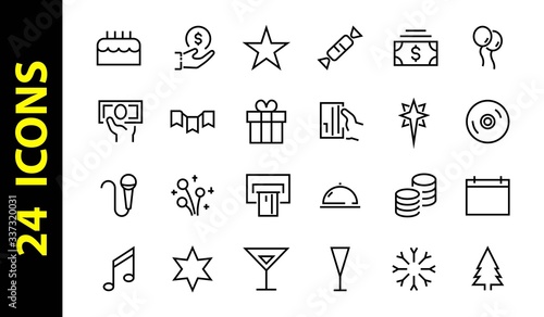  Simple set of celebration icons related to vector line. Contains icons such as music, new year, stars, balls, cake, karaoke, dj and much more. Editable stroke. 480x480