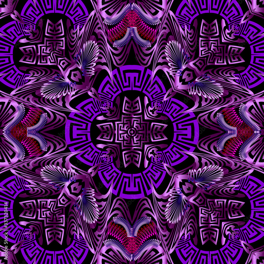 Floral greek 3d vector seamless pattern. Ornate beautiful background. Modern repeat ethnic tribal backdrop. Violet abstract flowers, leaves, shapes. Luxury ornaments. For cards, wallpaper, fabric