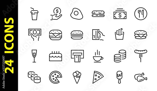  A simple set of fast food icons related to the vector line. Contains icons such as pizza, burger, sushi, bike, scrambled eggs and more. EDITABLE stroke. 480x480 pixels perfect, EPS 10
