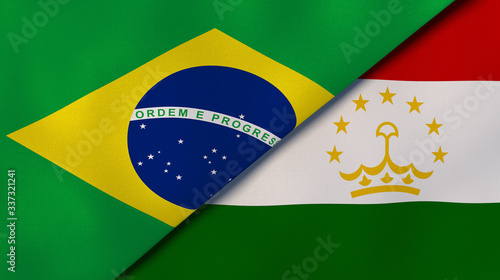 The flags of Brazil and Tajikistan. News, reportage, business background. 3d illustration photo