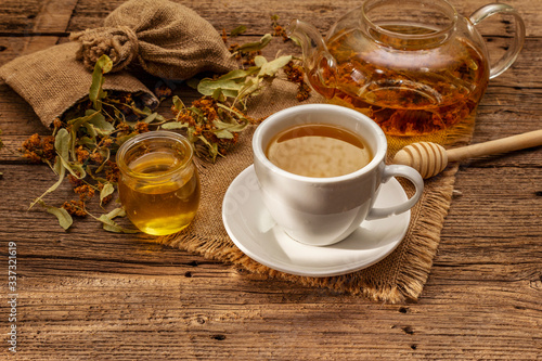 Linden tea. Dry fragrant flowers. Sunny morning breakfast. Hot drink to strengthen the immune system, alternative medicine