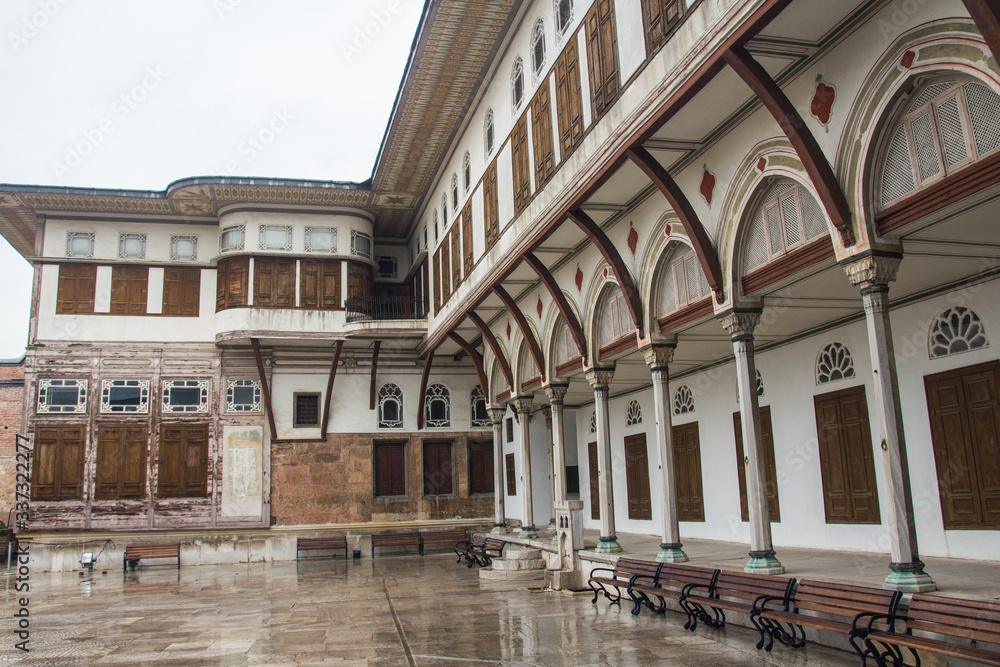 The inner courtyard of the Topkapi Palace Harem in Istanbul in rainy weather. Turkey