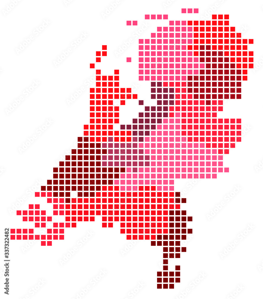 Obraz premium Vector square pixel map of Netherlands administrative regions and areas in red color