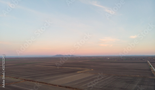 Arable land in Serbia with mountains in the background. Aerial photography.