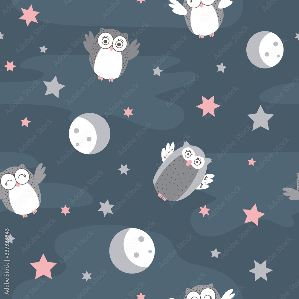 Cute vector pattern with little owls star and moon