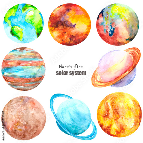 Wallpaper Mural A colorful set with the planets of the Solar system isolated on a white background. Watercolor collection of Earth, mercury, Mars, Venus, Saturn, Uranus, Neptune and Jupiter.
 Torontodigital.ca