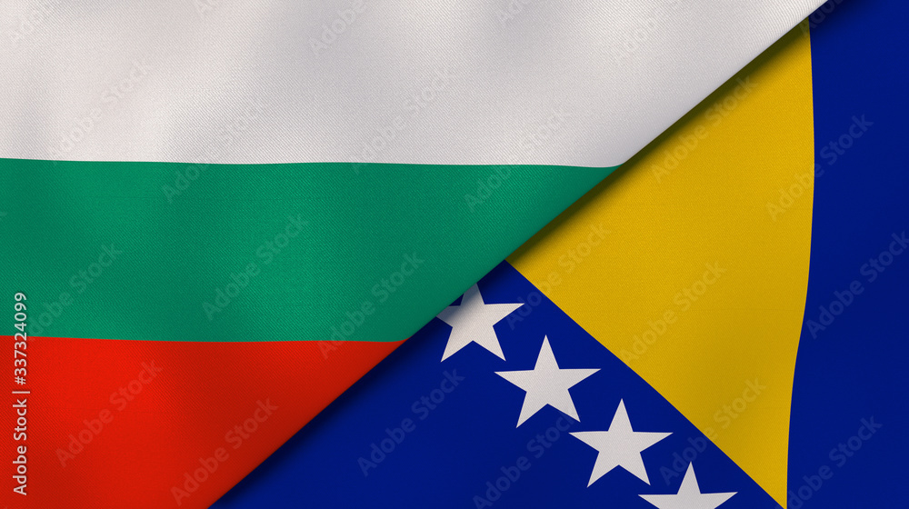 The flags of Bulgaria and Bosnia and Herzegovina. News, reportage, business background. 3d illustration - obrazy, fototapety, plakaty 