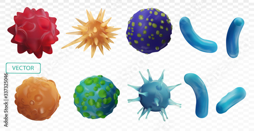 Virus disease. Abstract background virus. Set virus. Virus icon set. Infection flu, pneumonia.Bacteria, microbes fungi. Danger to a living organism.Viruses under the microscope. Vector illustration