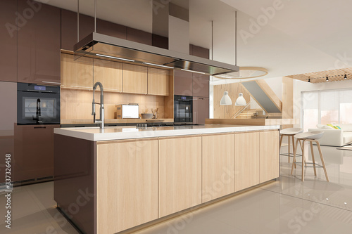 Modern house interior kitchen with living room design. 3D Render 