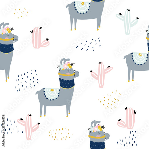 Seamless pattern with llama and cactus. Cute childish print. Vector hand drawn illustration.