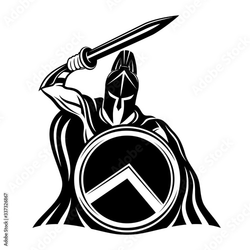 Spartan sign with a sword and shield on a white background.