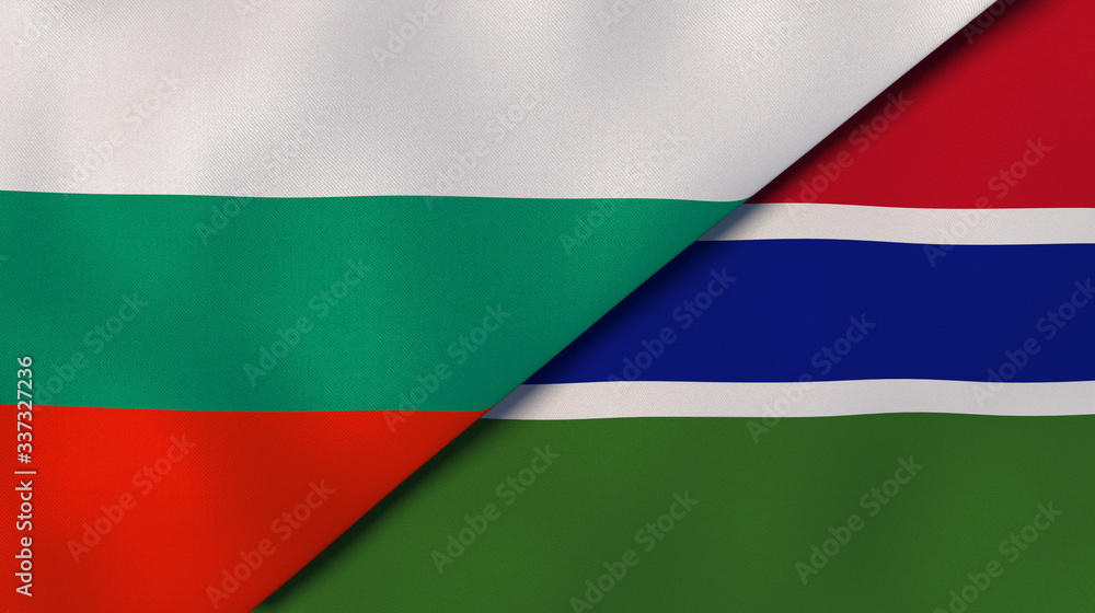 The flags of Bulgaria and Gambia. News, reportage, business background. 3d illustration