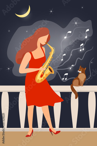 Canvas Print A girl in a red dress plays the saxophone