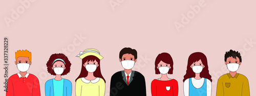 Group of people wearing medical masks to prevent disease, flu, air pollution, contaminated air, world pollution. Vector illustration in a flat style