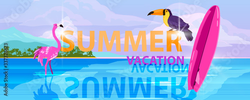 Vector horizontal lagoon view with ocean, flamingo, toucan, clouds, pink surfboard, sun flares. Summer vacation banner with topical landscape view. Exotic background for tourism advertisements, flyers