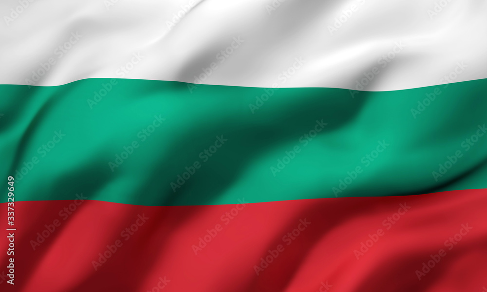 Flag of Bulgaria blowing in the wind. Full page Bulgarian flying flag. 3D illustration. Flag of Bulgaria blowing in the wind. Full page Bulgarian flying flag. 3D illustration.