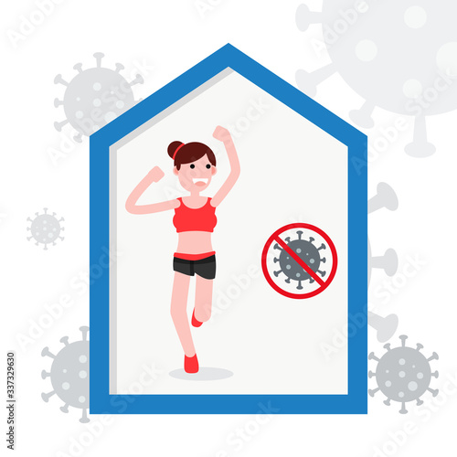 Stay at home. Woman exercise at home. Coronavirus covid-19 pandemic outbreak. Health care and medical.