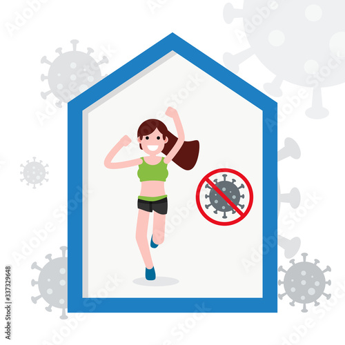 Stay at home. Woman exercise at home. Coronavirus covid-19 pandemic outbreak. Health care and medical.